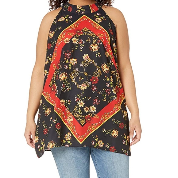 City Chic Tops - CITY CHIC Halter Top Floral Scarf Floral Print Back Tie Neck Large 20 Black